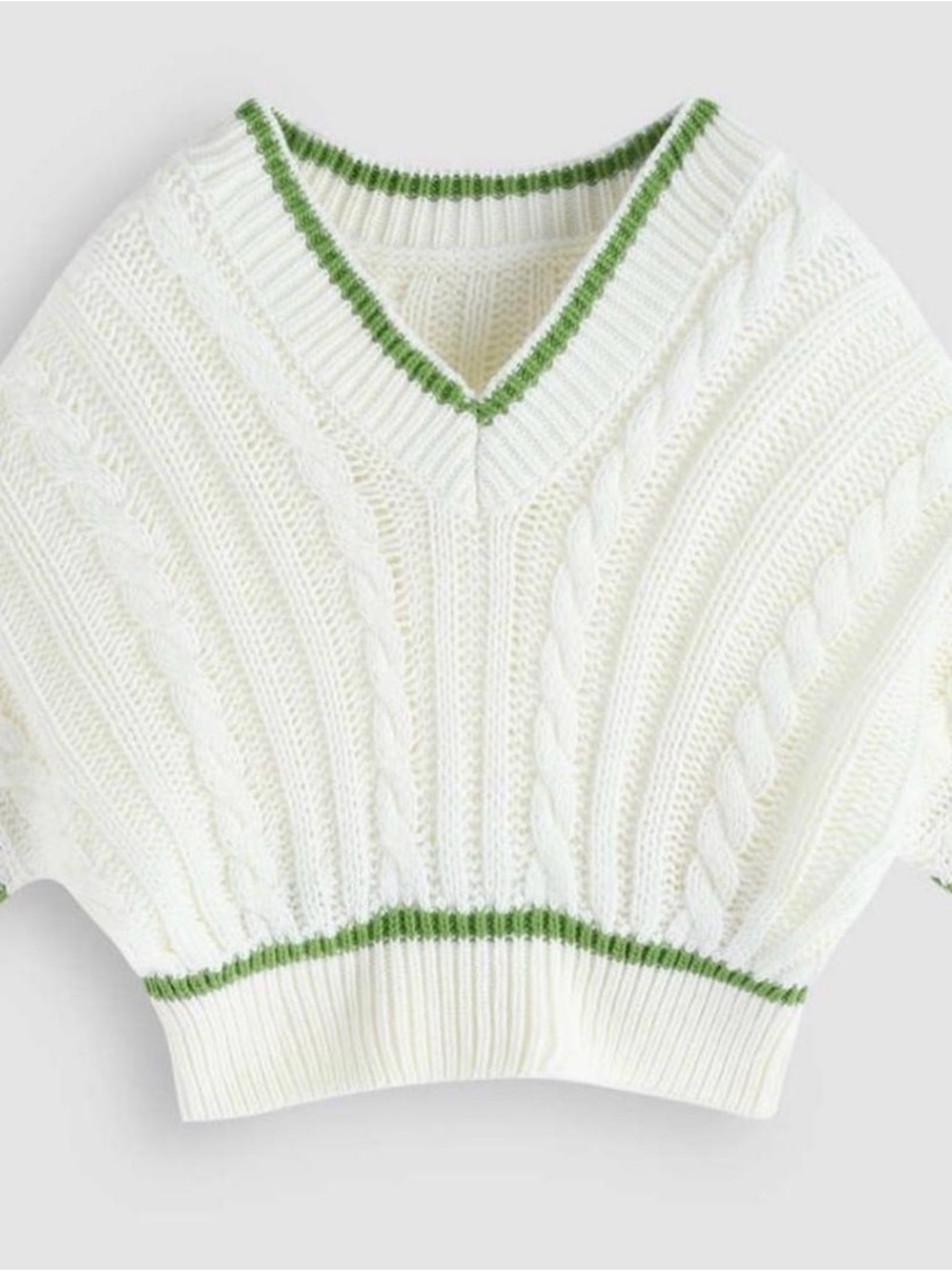 Cider Cream Cable Knit V-Neck Sweater with Green Trim